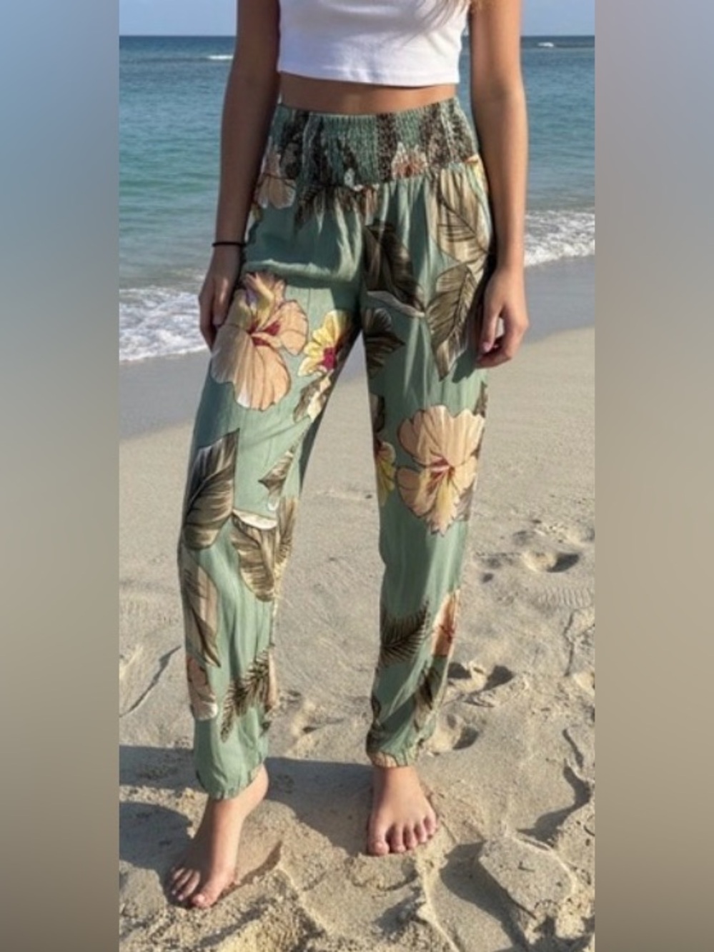 Caligirl Tropical Green Floral Wide-Leg Pull-On Pants, NWT, one size